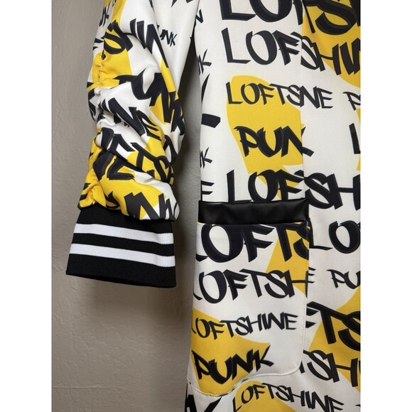 WHY Dress Rare Graffiti Print Jacket White Yellow Black Pockets 2 Buttons, Large - Picture 5 of 11